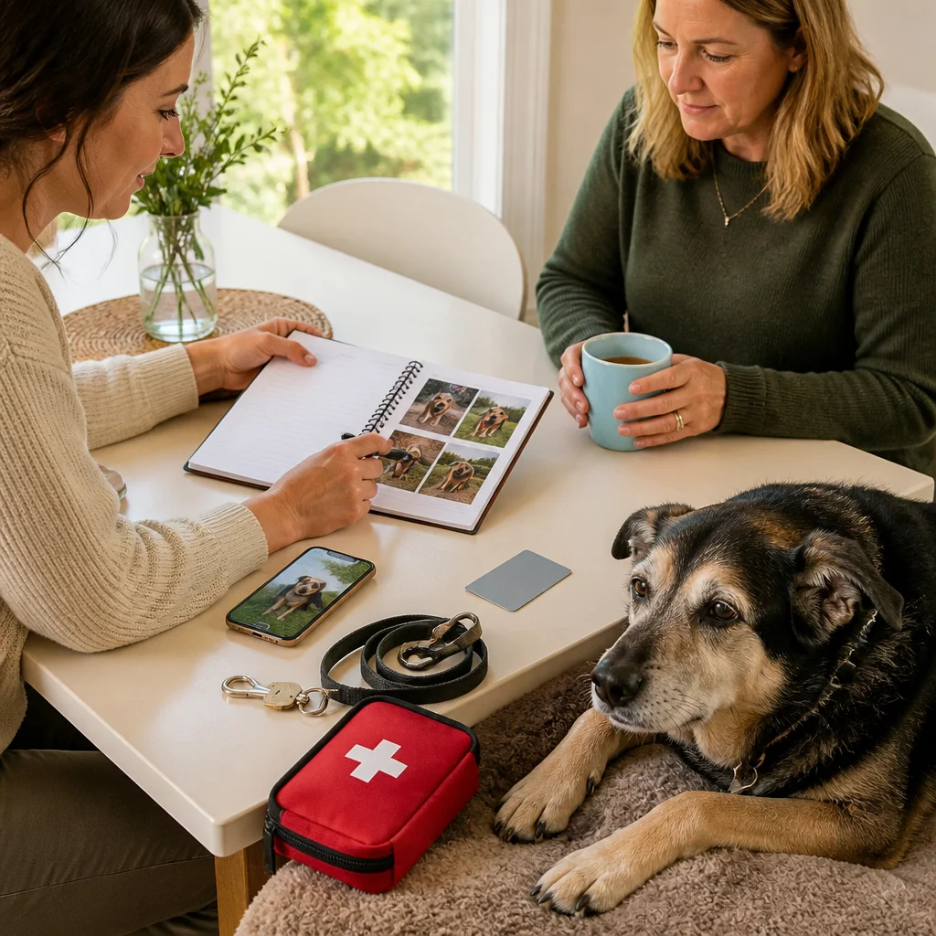 A dog owner and caregiver discussing a care plan