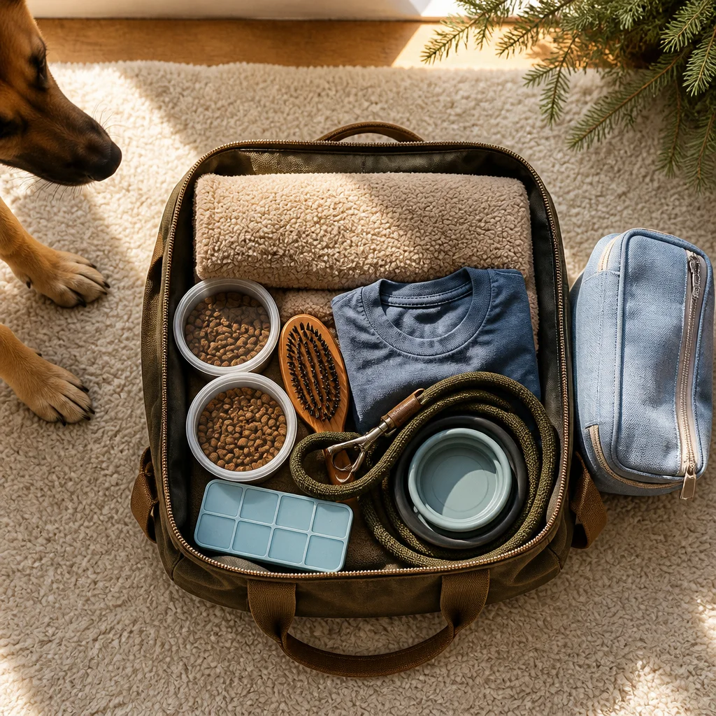 Familiar dog-care essentials prepared for boarding