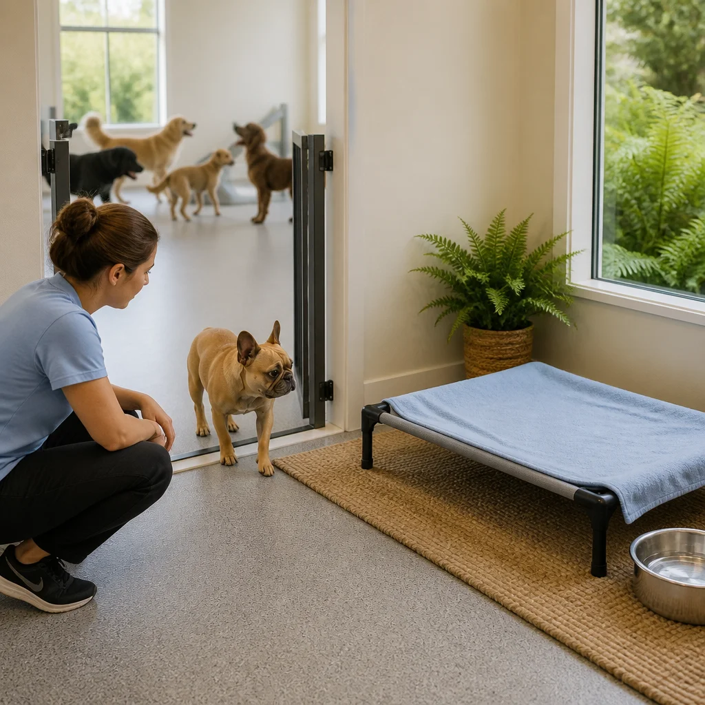 A quiet recovery space for a daycare dog