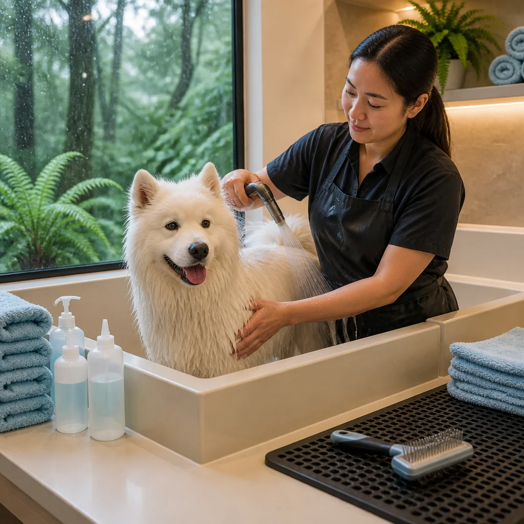 A dog being gently brushed during grooming