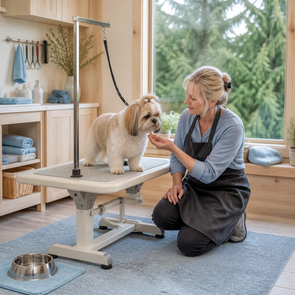 A groomer using calm anxiety-aware handling