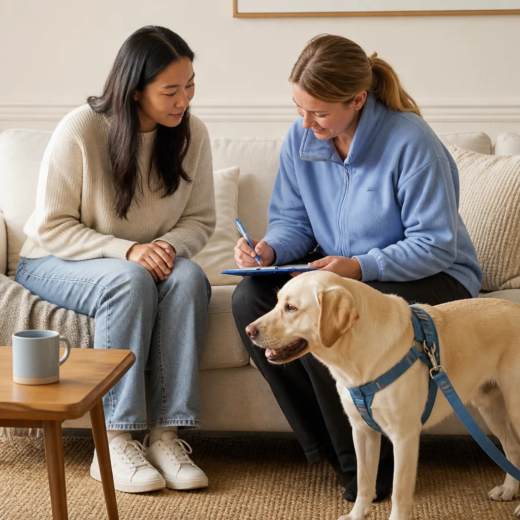 An owner and caregiver calmly reviewing individual needs