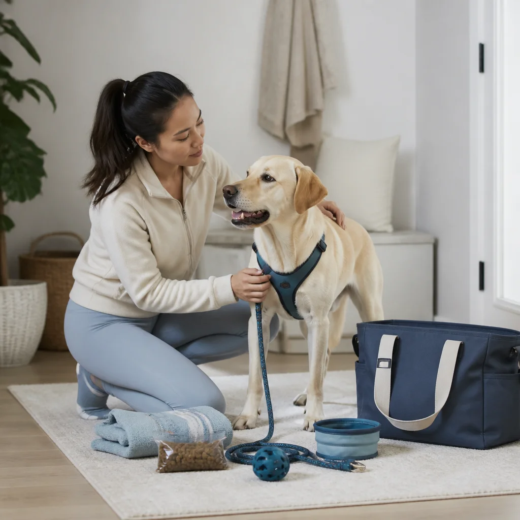 Care essentials arranged neatly beside the dog before departure