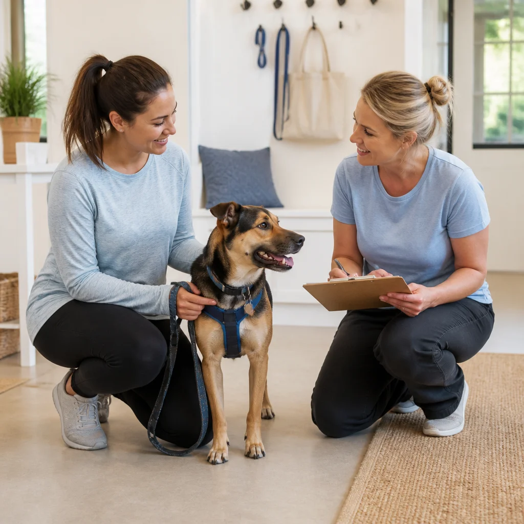 A caregiver reviewing the dog’s routine with the owner