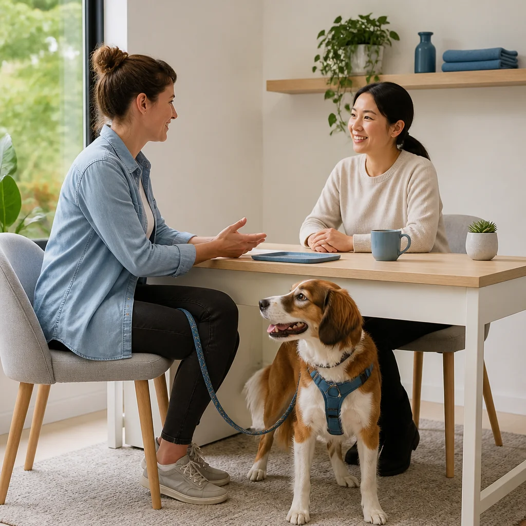An owner and provider discussing the scope of care at an uncluttered desk with no readable paperwork