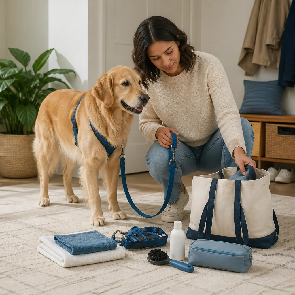 Care essentials arranged neatly beside the dog before departure