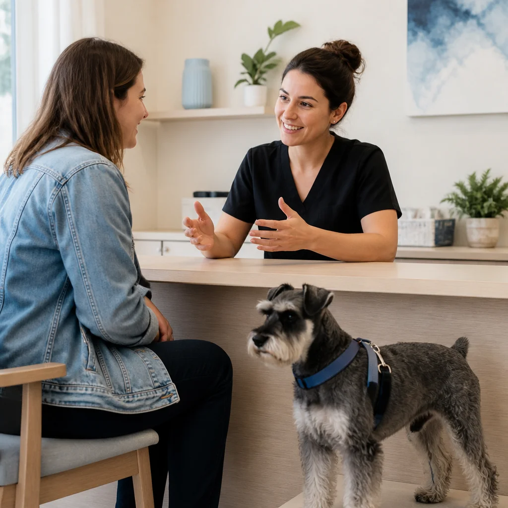 An owner and provider discussing the scope of care at an uncluttered desk with no readable paperwork