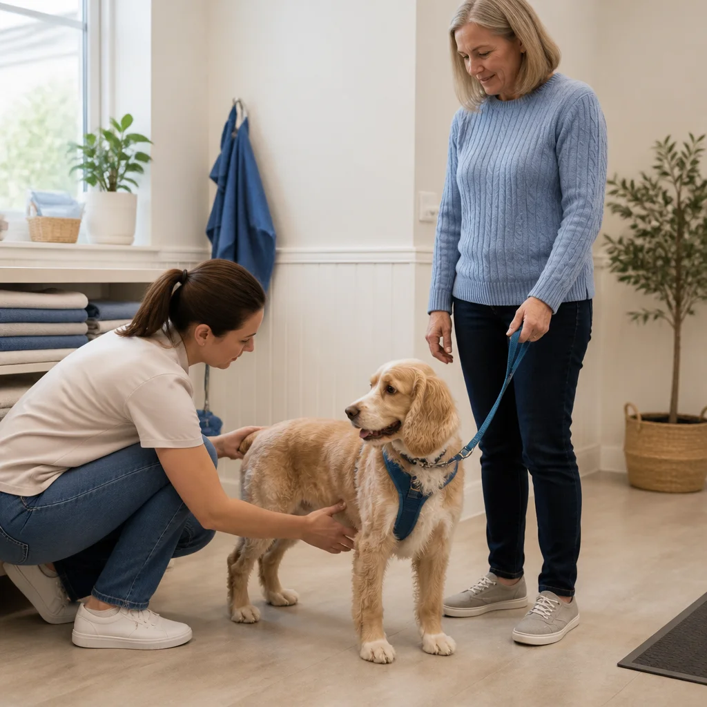 A caregiver assessing the dog’s coat, size, behaviour or individual care needs