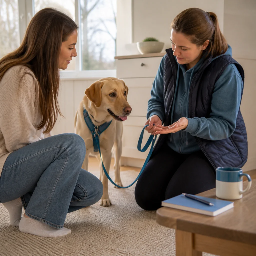 An owner and caregiver calmly reviewing individual needs