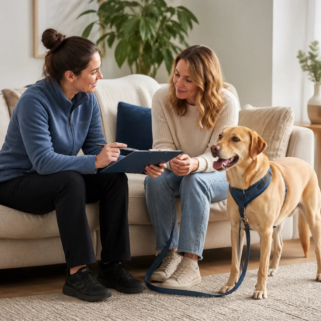 A caregiver reviewing the dog’s routine with the owner