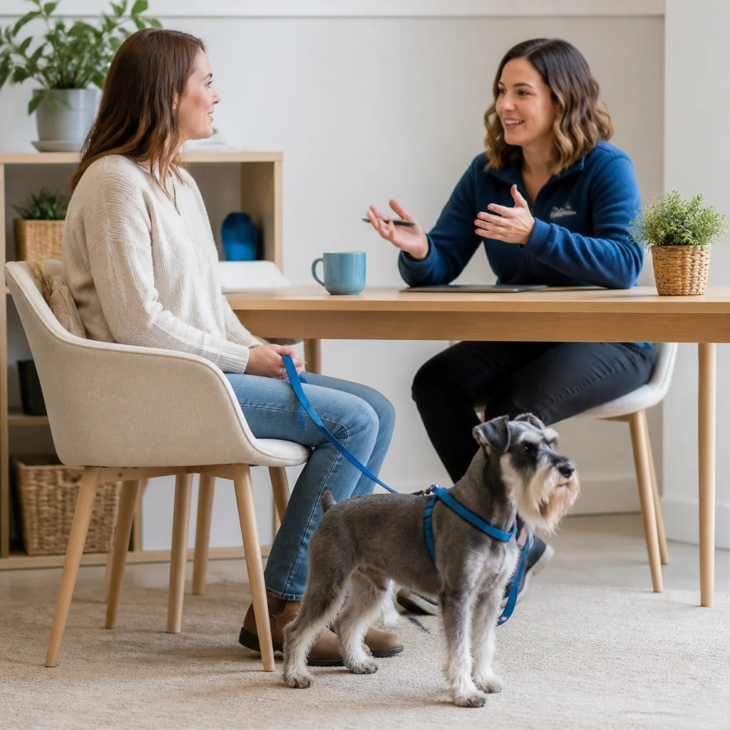 An owner and provider discussing the scope of care at an uncluttered desk with no readable paperwork