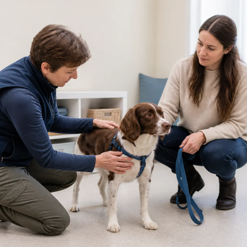 A caregiver assessing the dog’s coat, size, behaviour or individual care needs