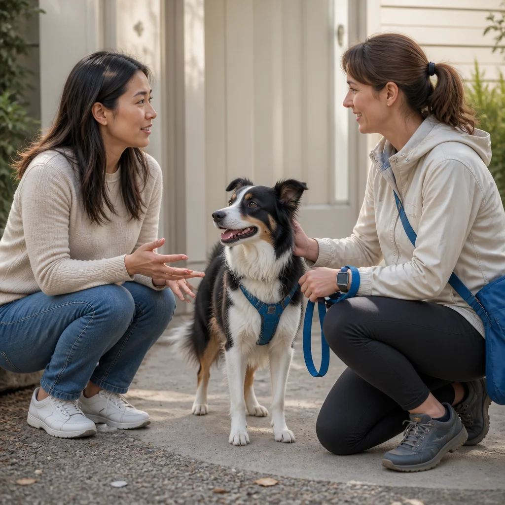 An owner and provider discussing fit while the dog remains relaxed
