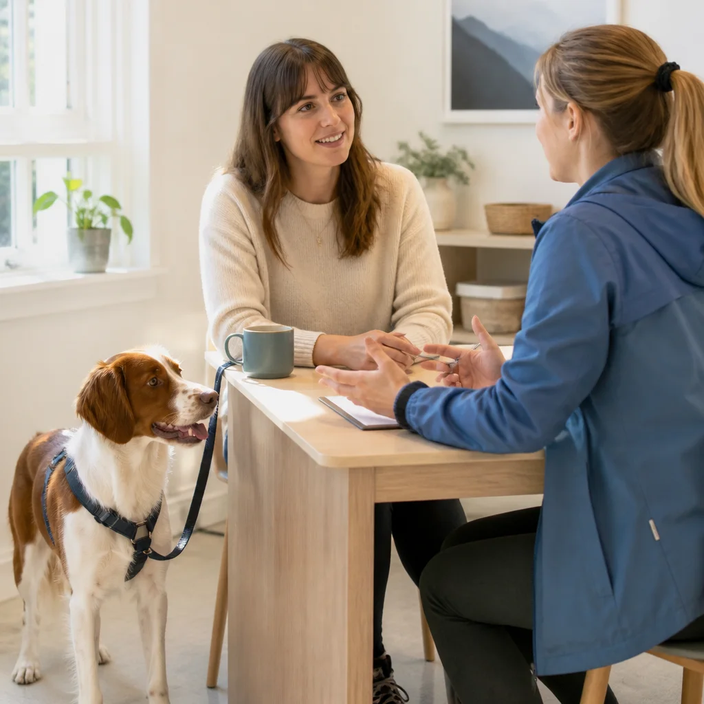 An owner and provider discussing the scope of care at an uncluttered desk with no readable paperwork