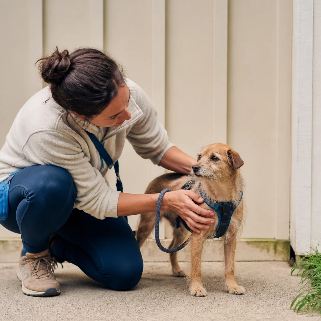 A caregiver assessing the dog’s coat, size, behaviour or individual care needs