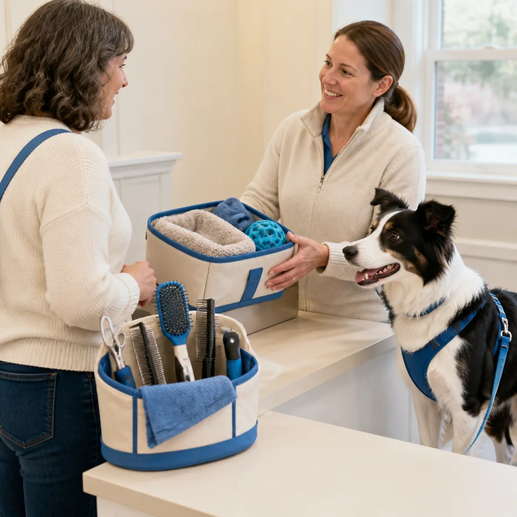 A prepared handoff showing grooming tools separate from overnight comfort items