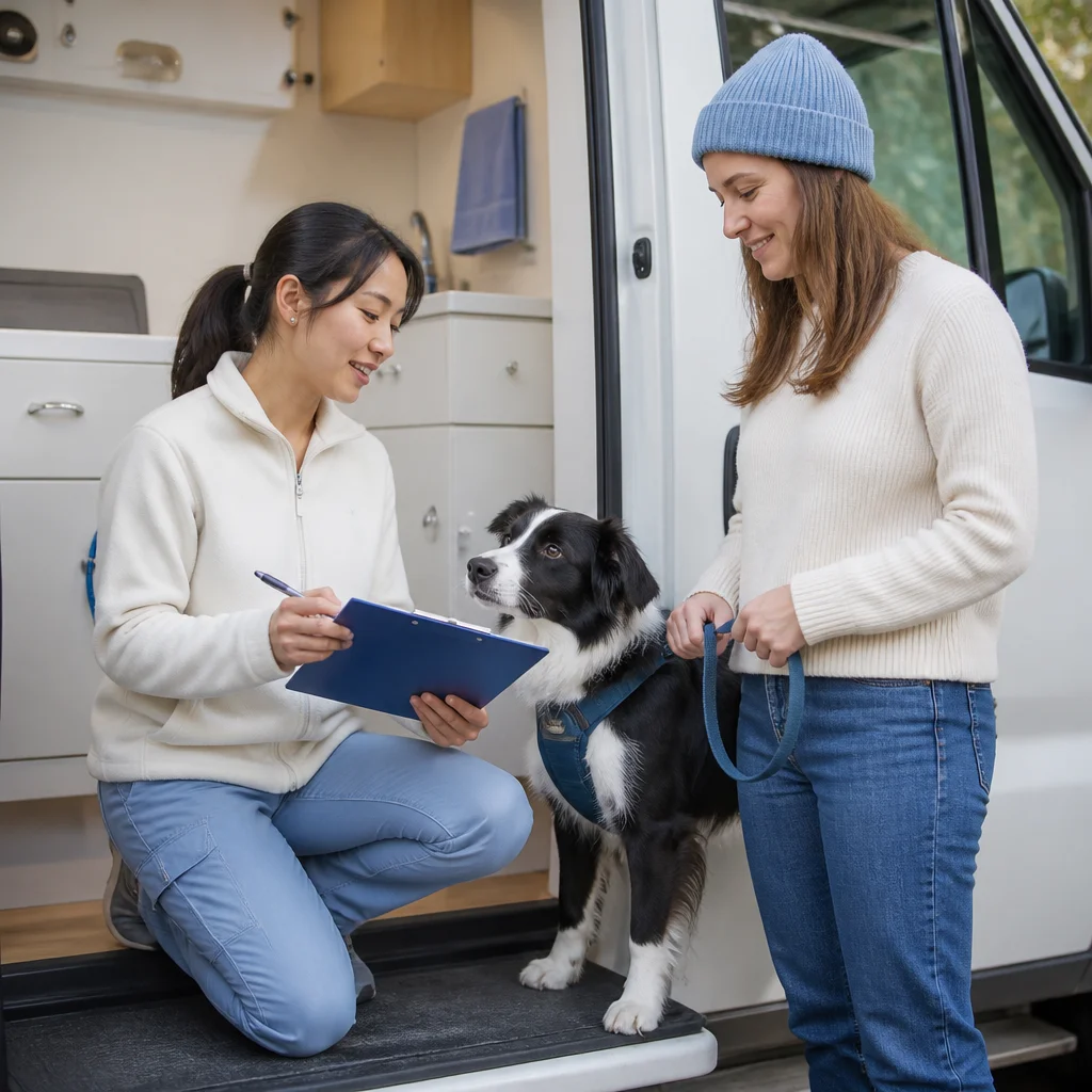 A caregiver reviewing the dog’s routine with the owner