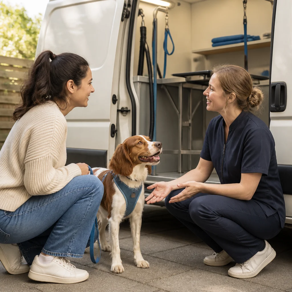 An owner and provider discussing fit while the dog remains relaxed