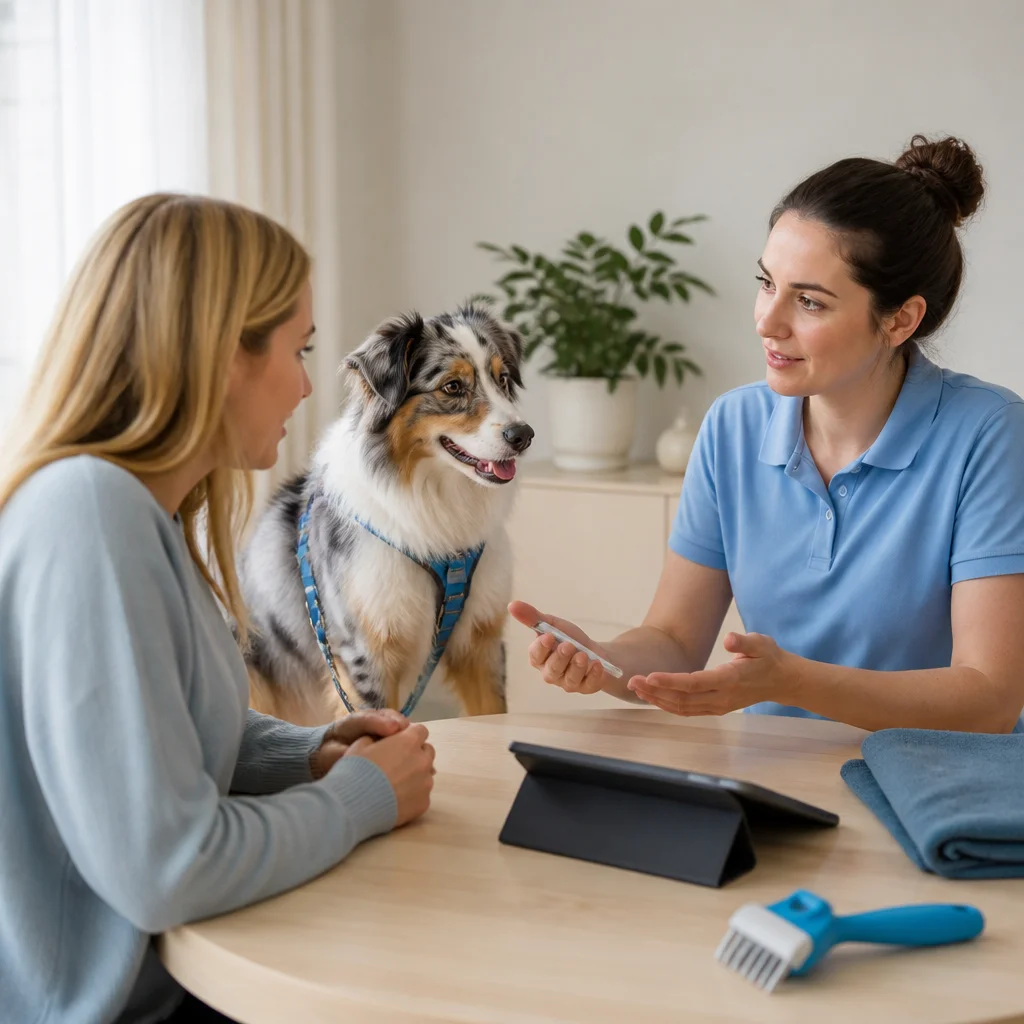 An owner and provider discussing the scope of care at an uncluttered desk with no readable paperwork