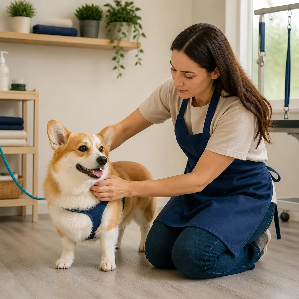 A caregiver assessing the dog’s coat, size, behaviour or individual care needs