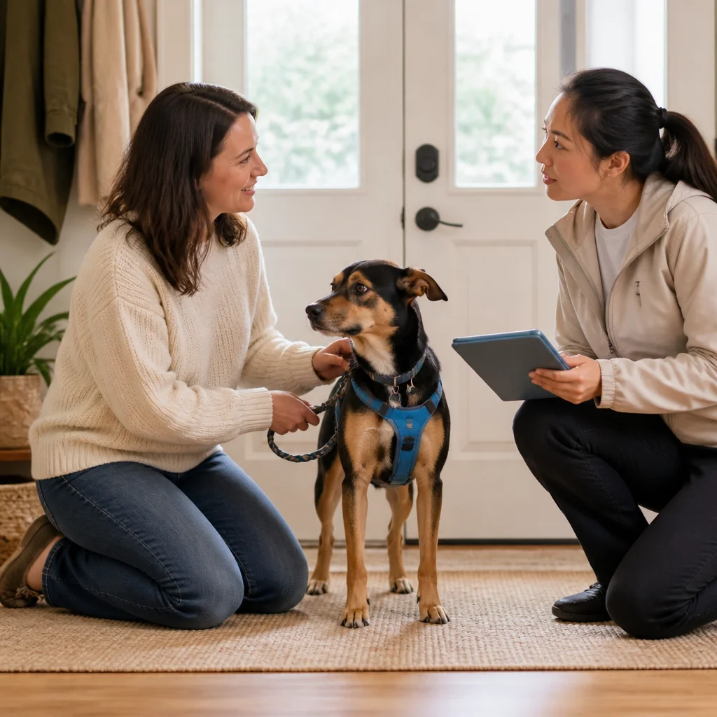 An owner and caregiver calmly reviewing individual needs