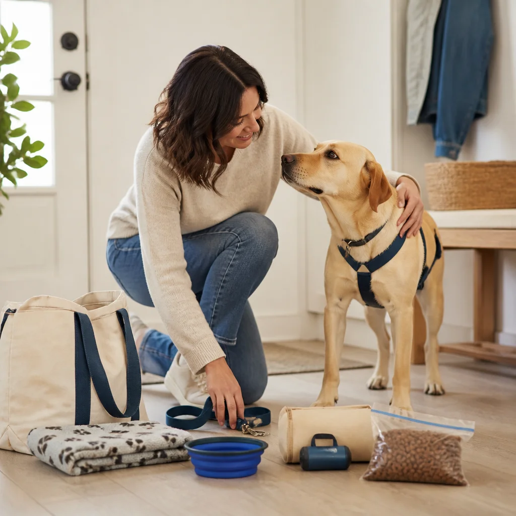 Care essentials arranged neatly beside the dog before departure