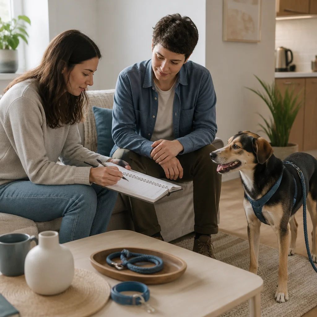 A caregiver reviewing the dog’s routine with the owner