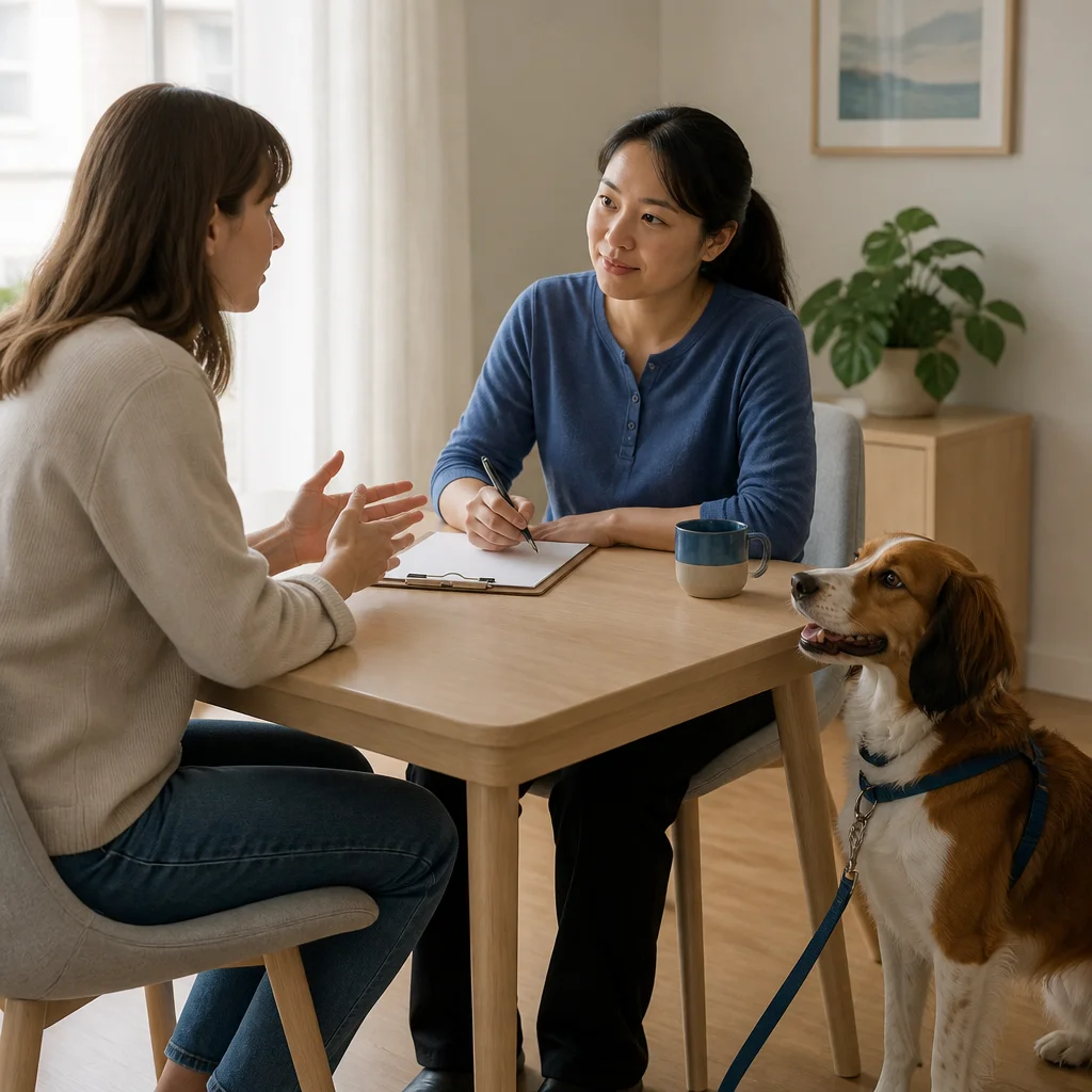 An owner and provider discussing the scope of care at an uncluttered desk with no readable paperwork