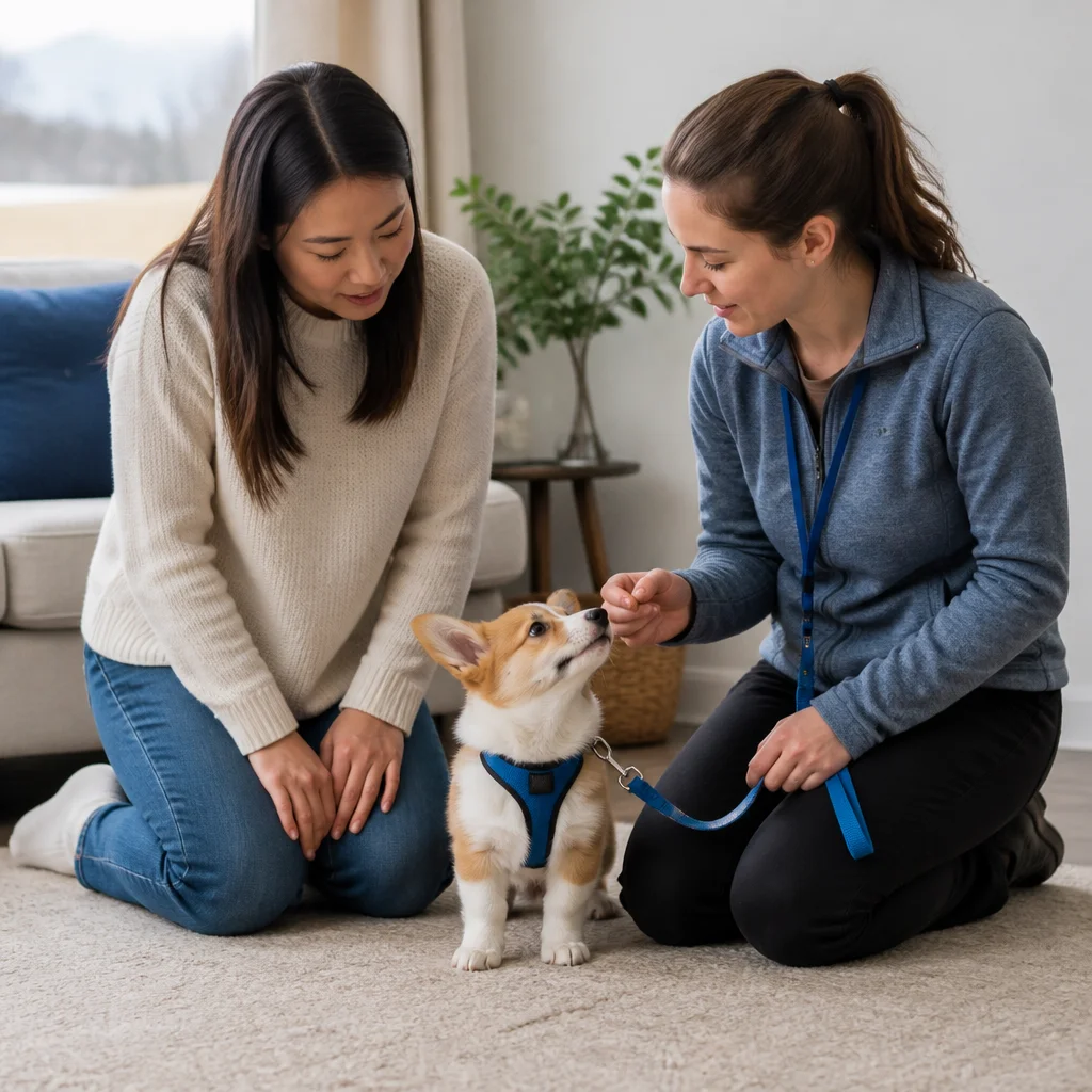 An owner and caregiver calmly reviewing individual needs