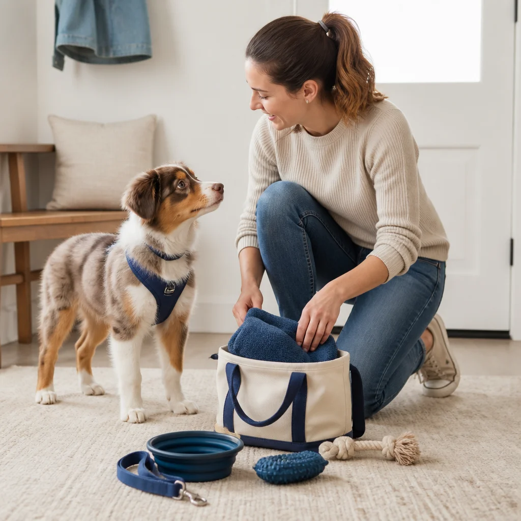 Care essentials arranged neatly beside the dog before departure
