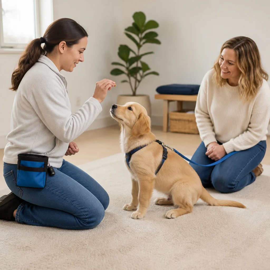 A reward-based trainer demonstrating a simple skill with a food reward while coaching the owner and keeping the dog relaxed