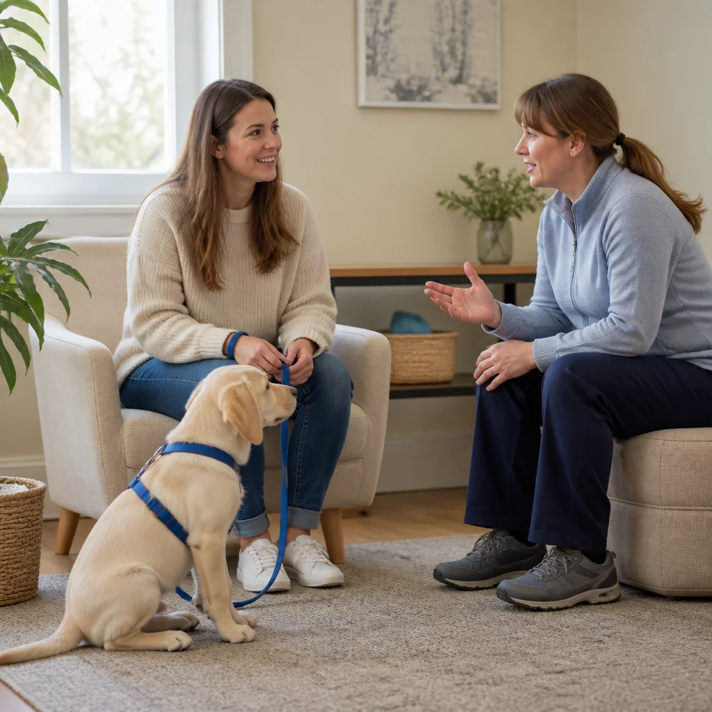 An owner and provider discussing fit while the dog remains relaxed