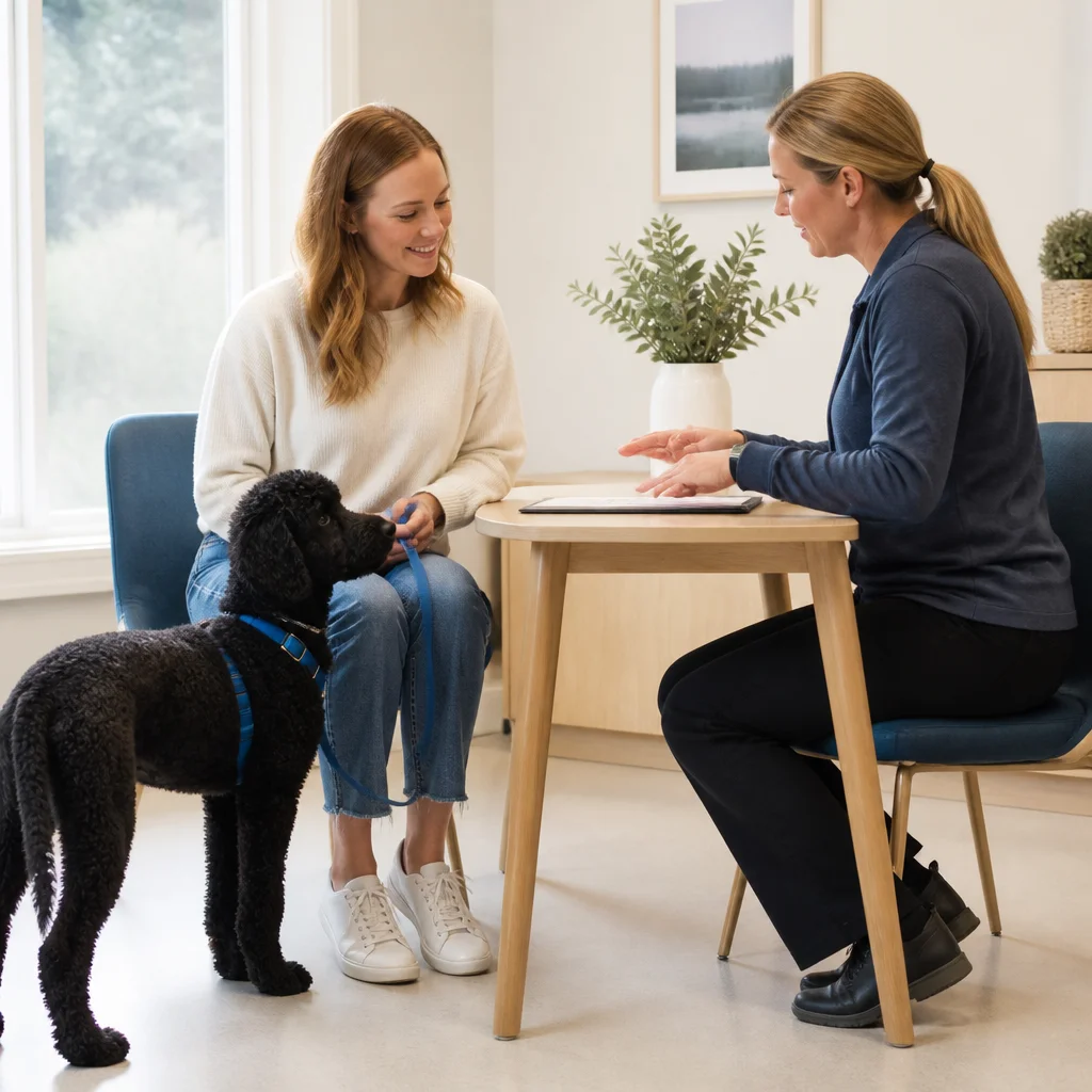 An owner and provider discussing the scope of care at an uncluttered desk with no readable paperwork