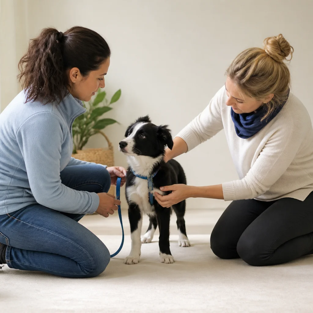 A caregiver assessing the dog’s coat, size, behaviour or individual care needs