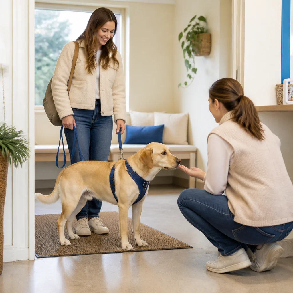 A dog and owner arriving for a calm introductory visit